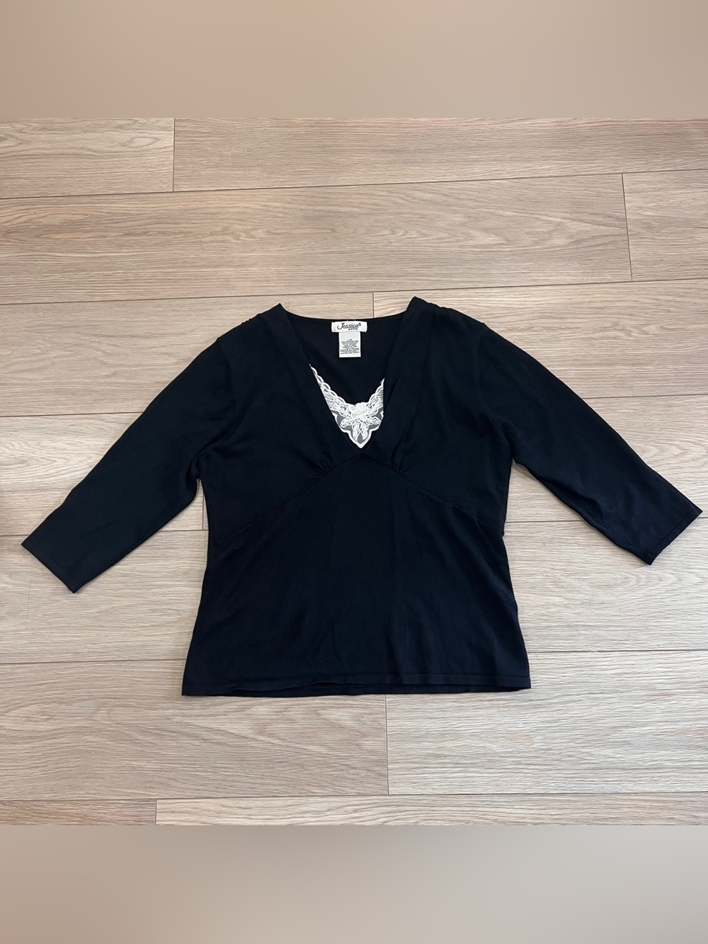 Jessica Petite Y2K Black White Lace V Neck Empire Waist Top Size M Coquette